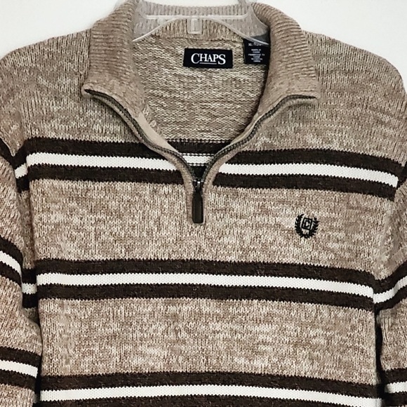 Chaps Men's 1/4 Zip Mock Neck Brown & Tan/Beige Striped Sweater Sz XL/TG/EG - Picture 2 of 11